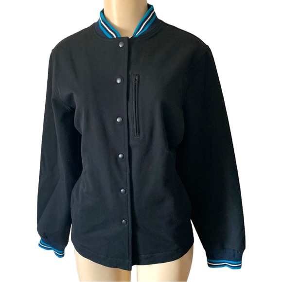 Black Varsity Sport Jacket with Blue Stripes Snap Button Lined - Picture 6 of 6
